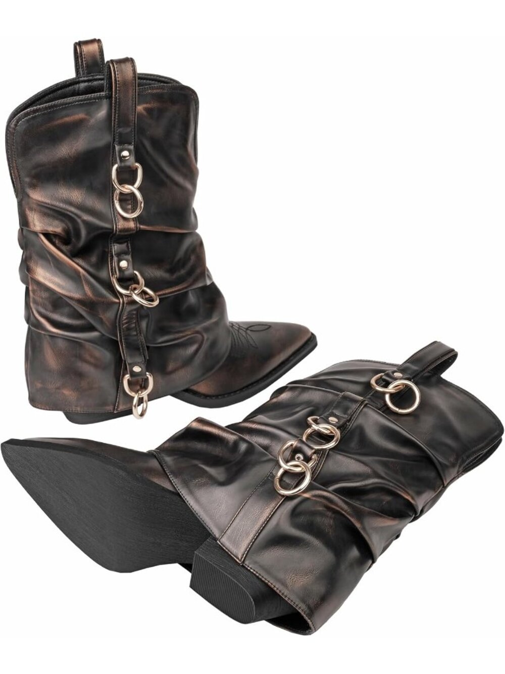 Women's Retro Gold Faux Leather Pointed Toe Fashion Riding Casual Cowgirl Boots - Picture 4 of 6